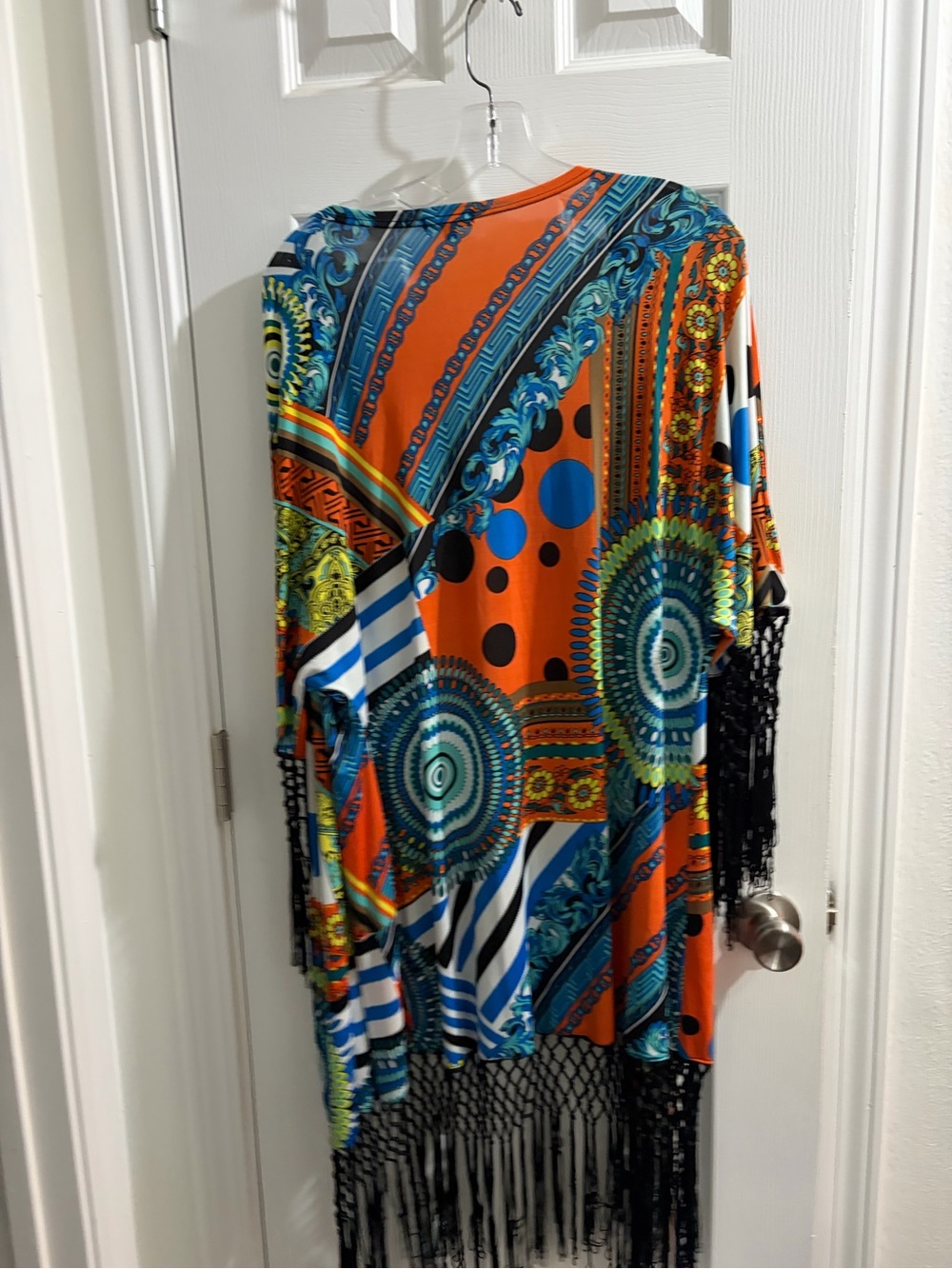 Boho Fringe Open-Front Cardigan in Orange & Blue by Dor Dor - Picture 2 of 3